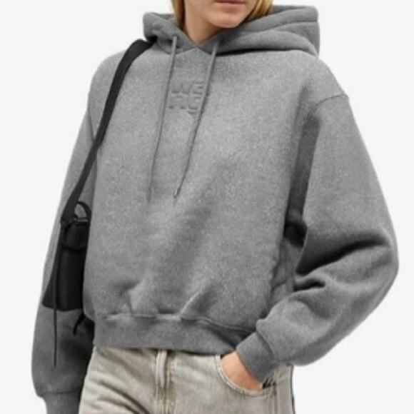 Alexander Wang $375 Womens Essential Puff Logo Terry Hoodie Glitter Gray LG EUC - Picture 8 of 13